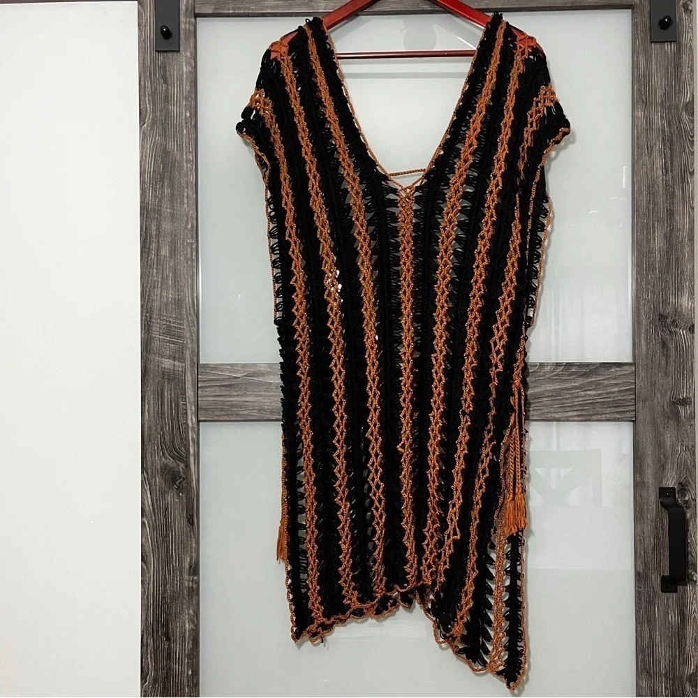 Black and Brown Crochet Swim Cover-Up Boho Gypsy Delicate - Picture 7 of 8